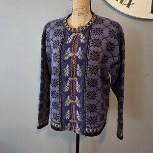 Icelandic Designs 100% Wool Cardigan Sweater Snowflakes Blue Black L